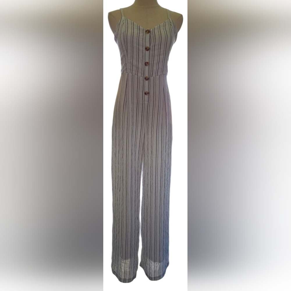 🌞Skies Are Blue White & Charcol Gray Striped Jumpsuit with Wide Legs
